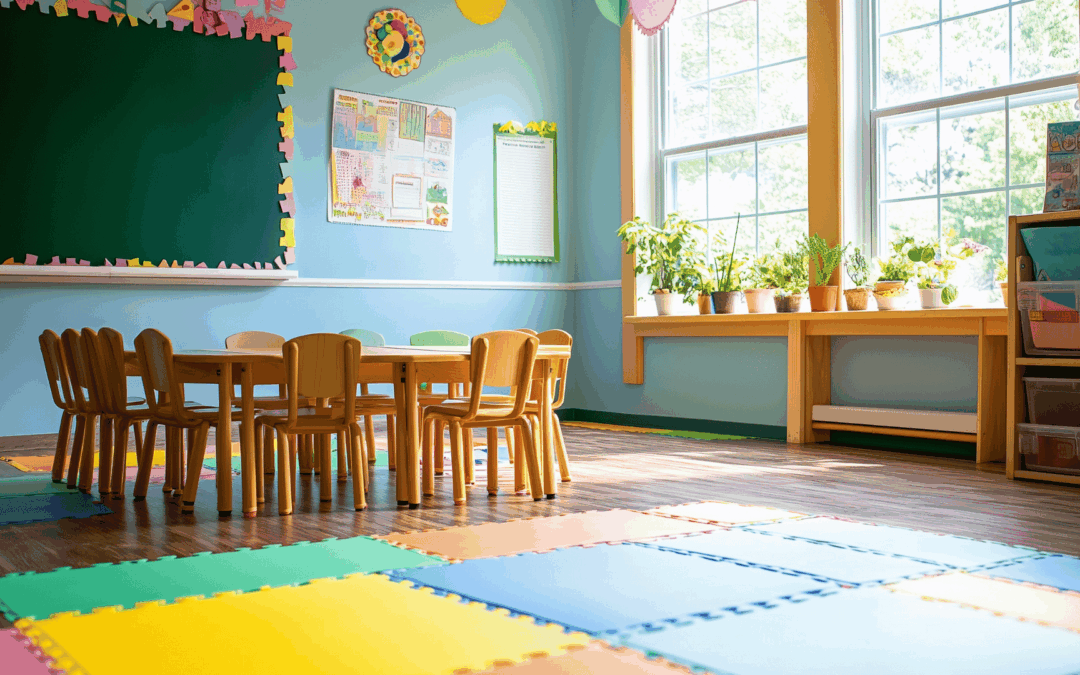 Bright preschool classroom with wooden chairs around a round table, colorful foam mats on the floor, and potted plants on a sunny windowsill.