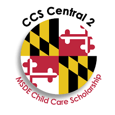 Circular CCS Central 2 MDSDE Child Care Scholarship logo featuring Maryland flag motif and red curved text around the edge