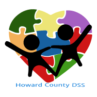 Howard County DSS logo: two black stick figures hold hands inside a multicolored puzzle-piece heart, with 'Howard County DSS' text below.