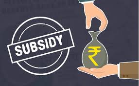 Hands exchanging a money bag with a rupee symbol beside a stamped 'SUBSIDY' graphic.